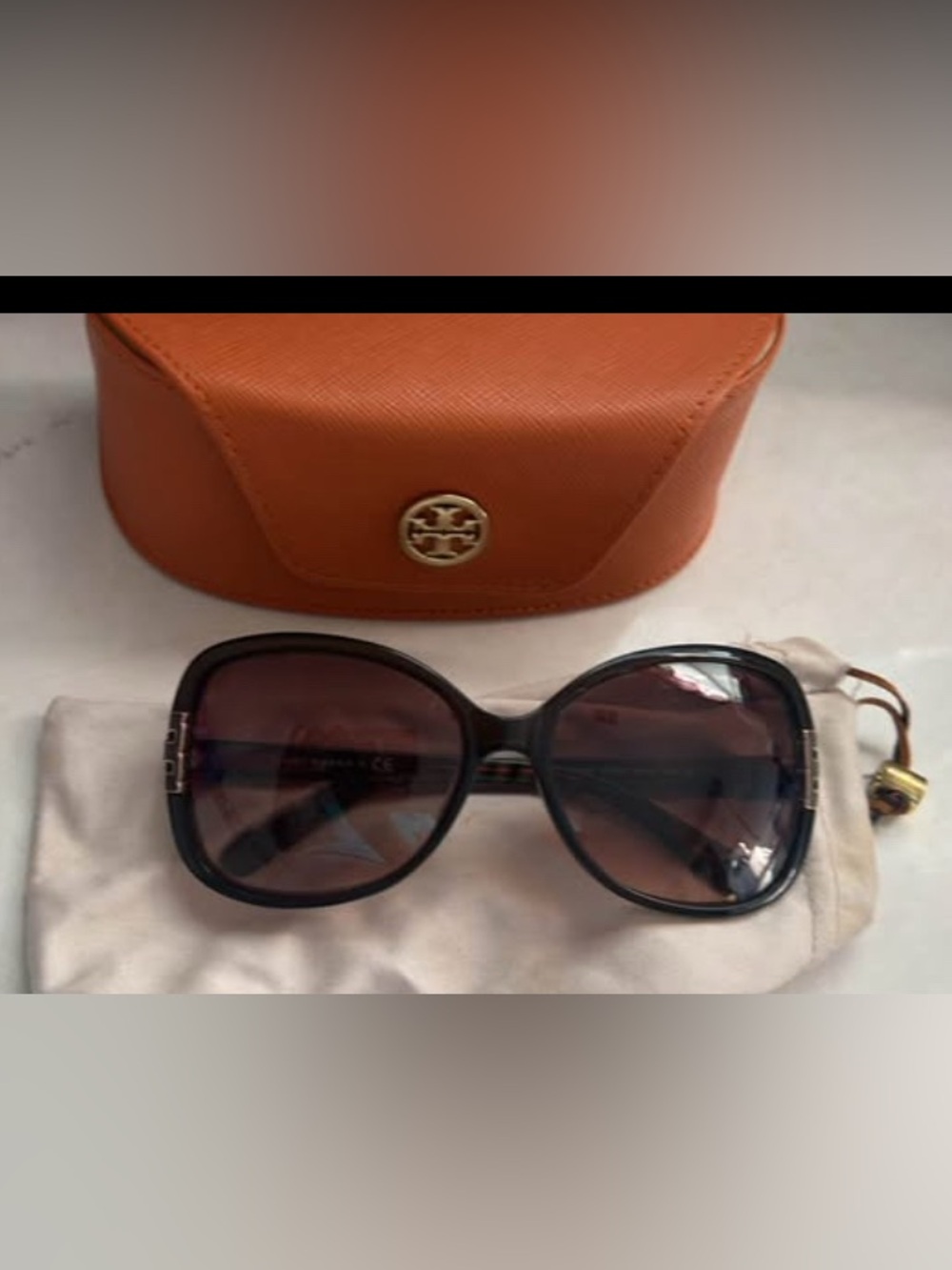 Tory Burch Black Oversized Sunglasses with Orange Logo Case